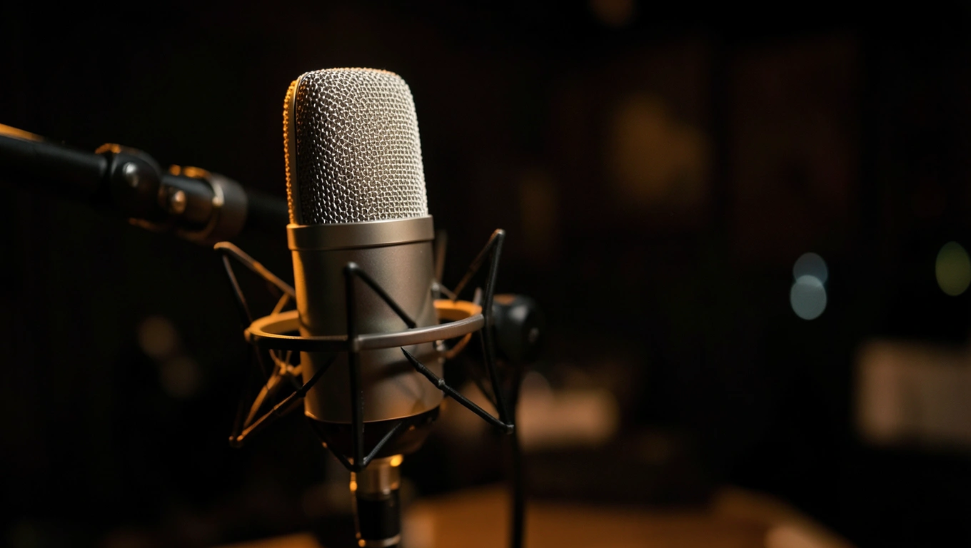 Studio de podcast la nuit, micro professionnel éclairé d'une lumière ambre chaude